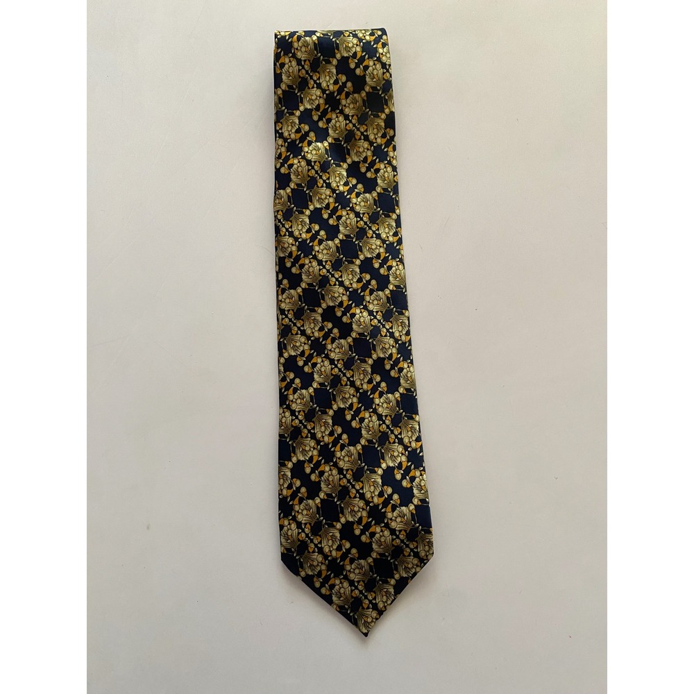 Laurant Benon Paris Mens Silk Tie Navy Blue Gold Floral Art Nouveau Pattern